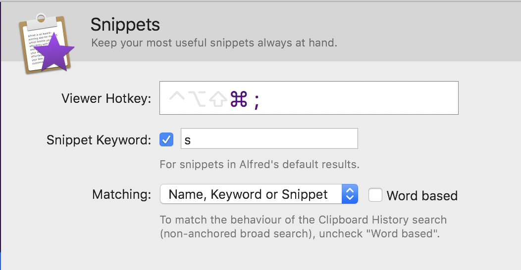 Alfred snippet settings